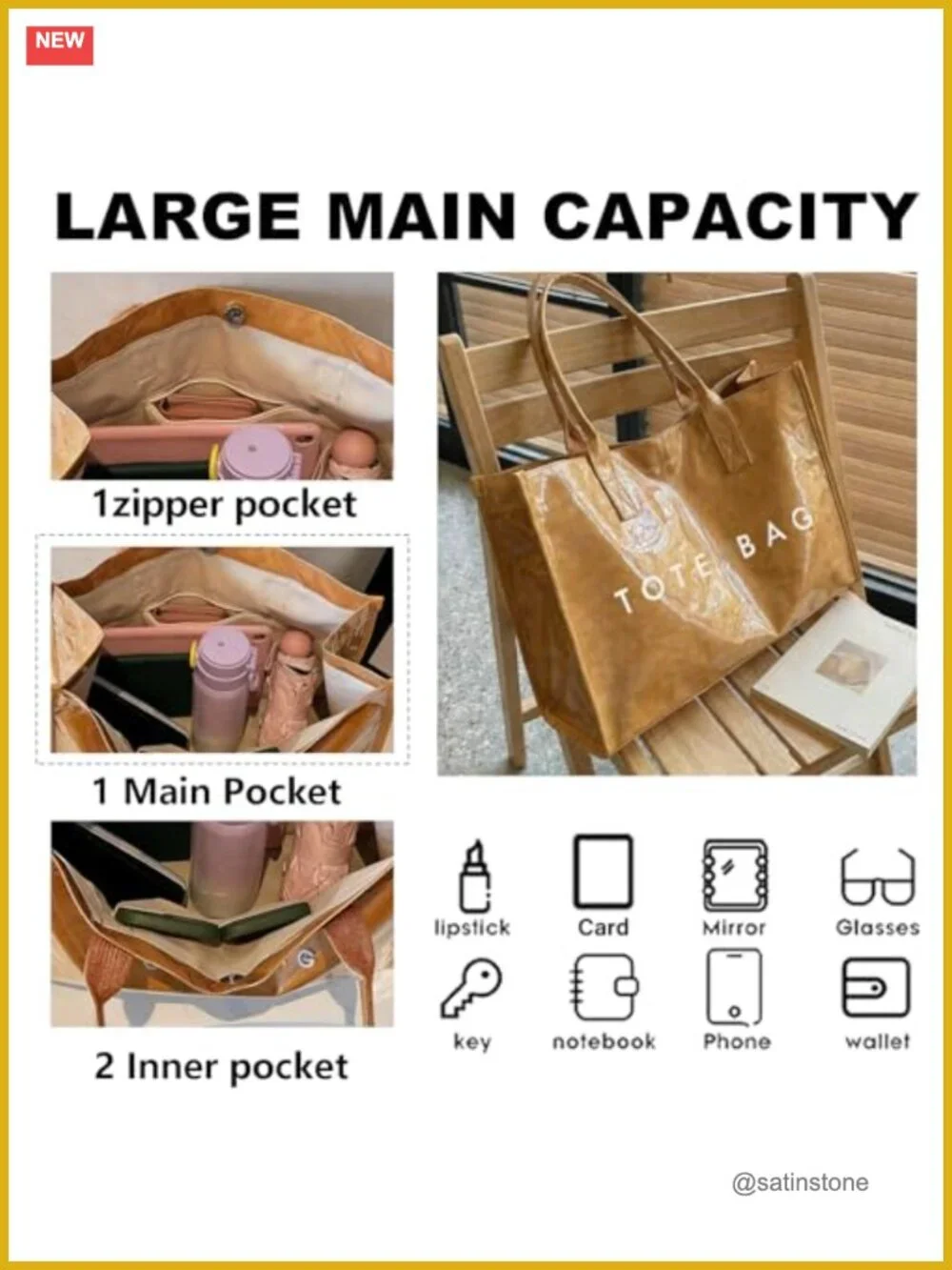PVC Tote Bag for Women, Large Work Plastic Purse, Letter Print Shoulder Bag,